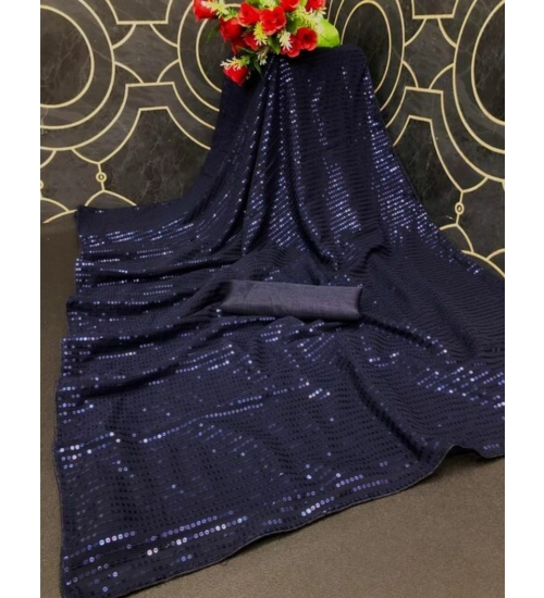 Generic Women's Georgette Embellished Sequnece Bollywood Saree With Unstitched Blouse 5.5Mtr (Blue)