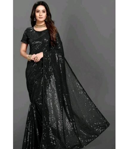 Generic Women's Georgette Embellished Sequnece Bollywood Saree With Unstitched Blouse 5.5Mtr (Black)