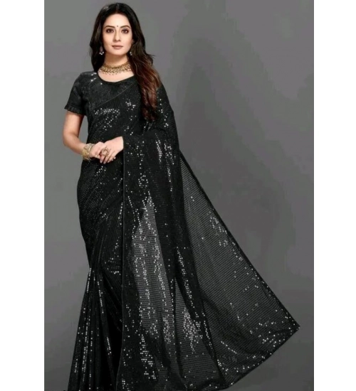 Generic Women's Georgette Embellished Sequnece Bollywood Saree With Unstitched Blouse 5.5Mtr (Black)
