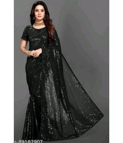 Generic Women's Georgette Embellished Sequnece Bollywood Saree With Unstitched Blouse 5.5Mtr (Black)