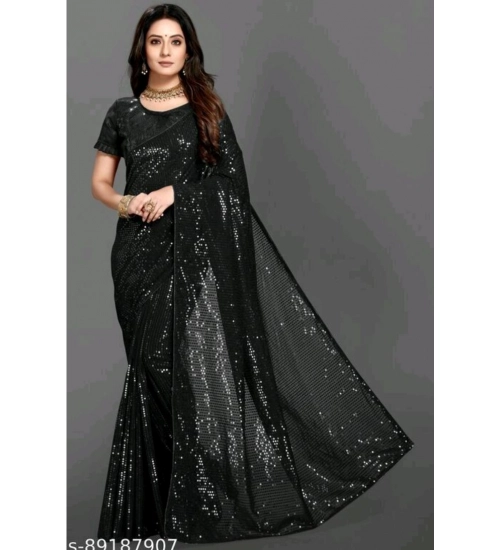 Generic Women's Georgette Embellished Sequnece Bollywood Saree With Unstitched Blouse 5.5Mtr (Black)