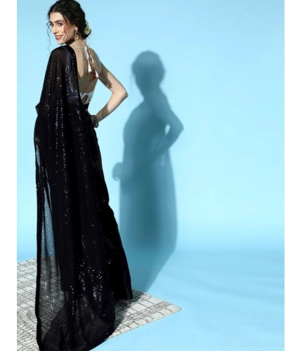 Generic Women's Georgette Embellished Sequnece Bollywood Saree With Unstitched Blouse 5.5Mtr (Black)