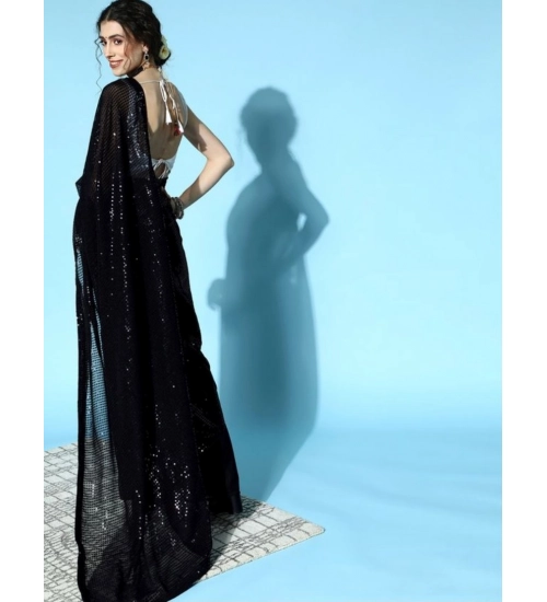 Generic Women's Georgette Embellished Sequnece Bollywood Saree With Unstitched Blouse 5.5Mtr (Black)