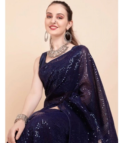 Generic Women's Georgette Embellished Sequnece Bollywood Saree With Unstitched Blouse 5.5Mtr (Blue)