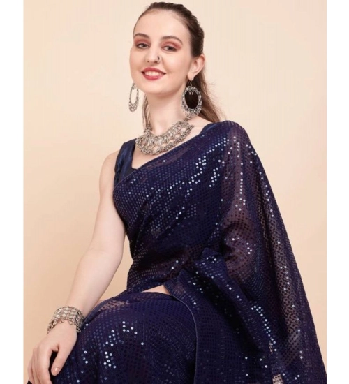 Generic Women's Georgette Embellished Sequnece Bollywood Saree With Unstitched Blouse 5.5Mtr (Blue)