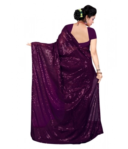 Generic Women's Georgette Embellished Sequnece Bollywood Saree With Unstitched Blouse 5.5Mtr (Purple)