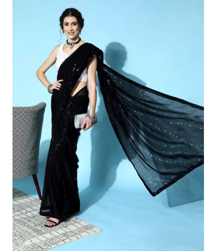 Generic Women's Georgette Embellished Sequnece Bollywood Saree With Unstitched Blouse 5.5Mtr (Black)