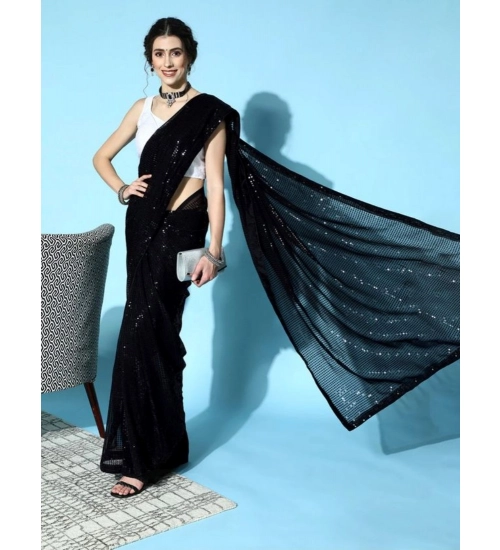 Generic Women's Georgette Embellished Sequnece Bollywood Saree With Unstitched Blouse 5.5Mtr (Black)