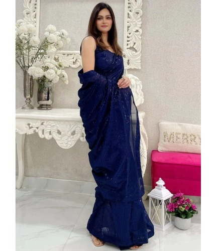 Generic Women's Georgette Embellished Sequnece Bollywood Saree With Unstitched Blouse 5.5Mtr (Blue)