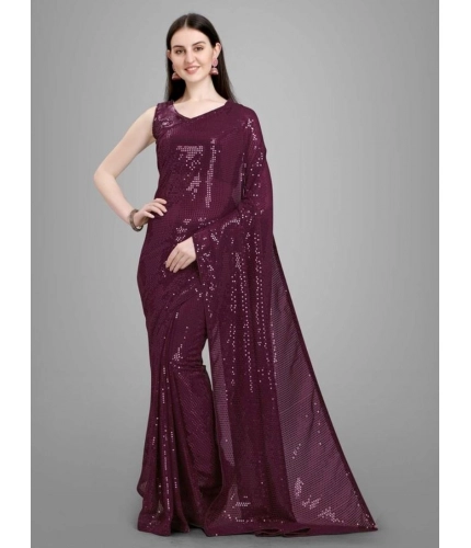 Generic Women's Georgette Embellished Sequnece Bollywood Saree With Unstitched Blouse 5.5Mtr (Purple)