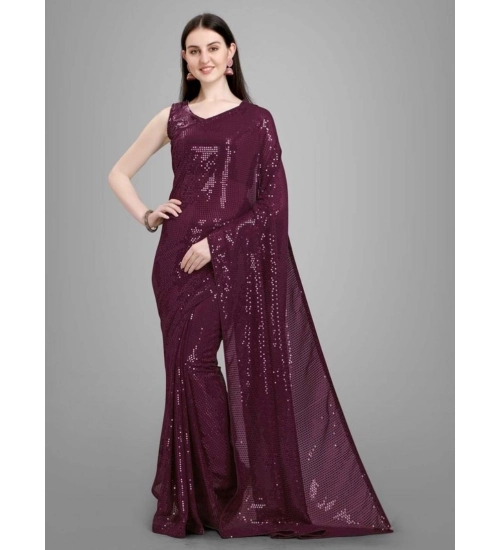 Generic Women's Georgette Embellished Sequnece Bollywood Saree With Unstitched Blouse 5.5Mtr (Purple)