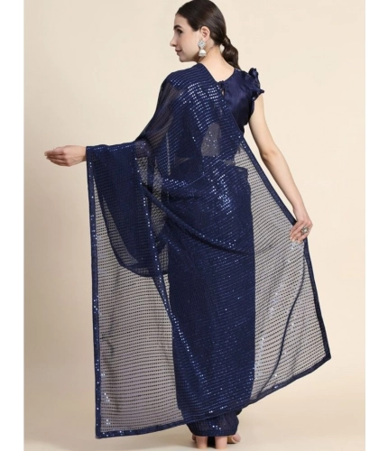 Generic Women's Georgette Embellished Sequnece Bollywood Saree With Unstitched Blouse 5.5Mtr (Blue)