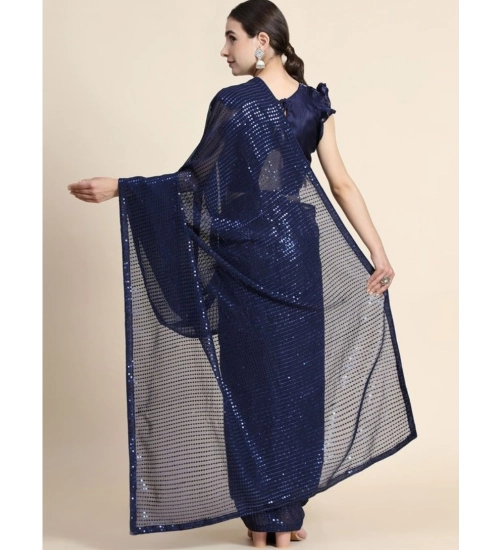 Generic Women's Georgette Embellished Sequnece Bollywood Saree With Unstitched Blouse 5.5Mtr (Blue)