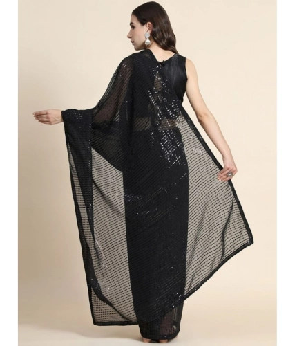 Generic Women's Georgette Embellished Sequnece Bollywood Saree With Unstitched Blouse 5.5Mtr (Black)