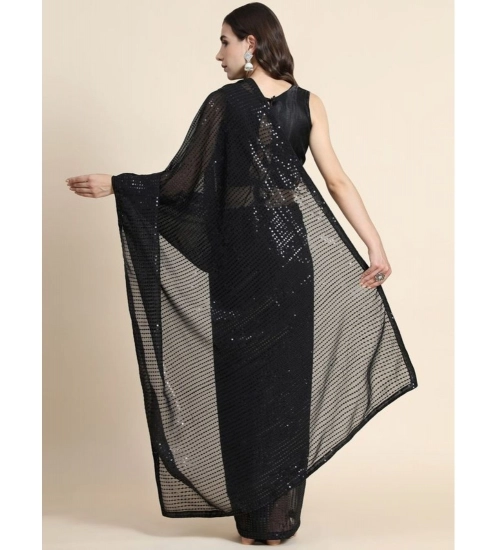 Generic Women's Georgette Embellished Sequnece Bollywood Saree With Unstitched Blouse 5.5Mtr (Black)