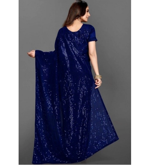 Generic Women's Georgette Embellished Sequnece Bollywood Saree With Unstitched Blouse 5.5Mtr (Blue)