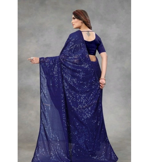 Generic Women's Georgette Embellished Sequnece Bollywood Saree With Unstitched Blouse 5.5Mtr (Blue)