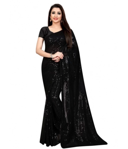 Generic Women's Georgette Embellished Sequnece Bollywood Saree With Unstitched Blouse 5.5Mtr (Black)