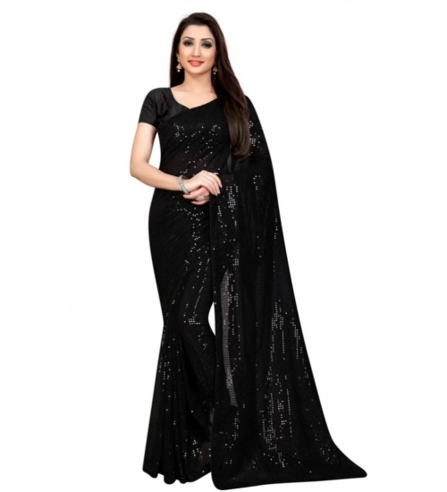 Generic Women's Georgette Embellished Sequnece Bollywood Saree With Unstitched Blouse 5.5Mtr (Black)