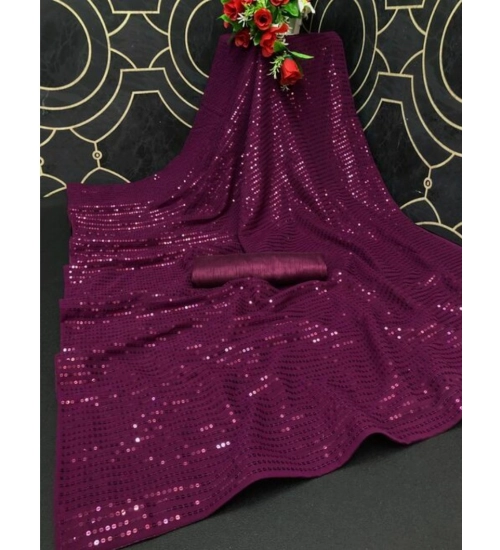 Generic Women's Georgette Embellished Sequnece Bollywood Saree With Unstitched Blouse 5.5Mtr (Purple)