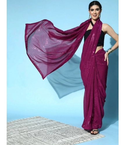 Generic Women's Georgette Embellished Sequnece Bollywood Saree With Unstitched Blouse 5.5Mtr (Wine)