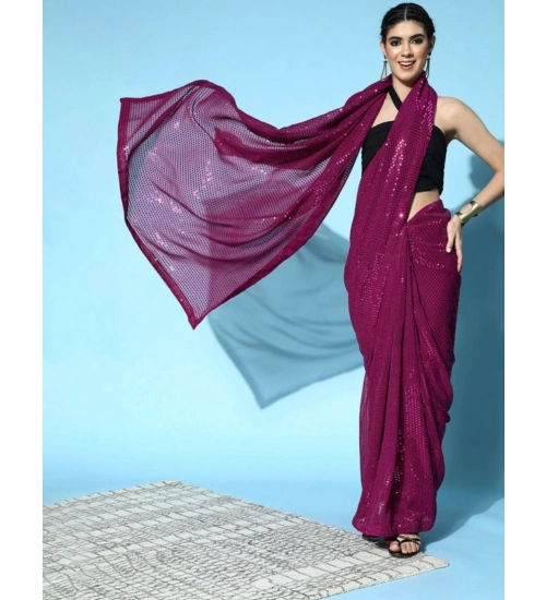 Generic Women's Georgette Embellished Sequnece Bollywood Saree With Unstitched Blouse 5.5Mtr (Wine)