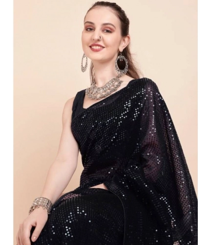 Generic Women's Georgette Embellished Sequnece Bollywood Saree With Unstitched Blouse 5.5Mtr (Black)