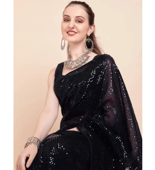 Generic Women's Georgette Embellished Sequnece Bollywood Saree With Unstitched Blouse 5.5Mtr (Black)
