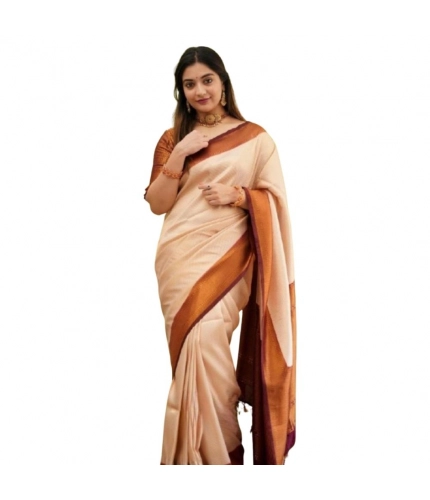 Generic Women's Silk Printed Saree With Unstitched Blouse 5.5Mtr (Cream)