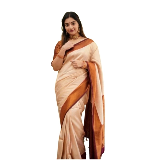 Generic Women's Silk Printed Saree With Unstitched Blouse 5.5Mtr (Cream)