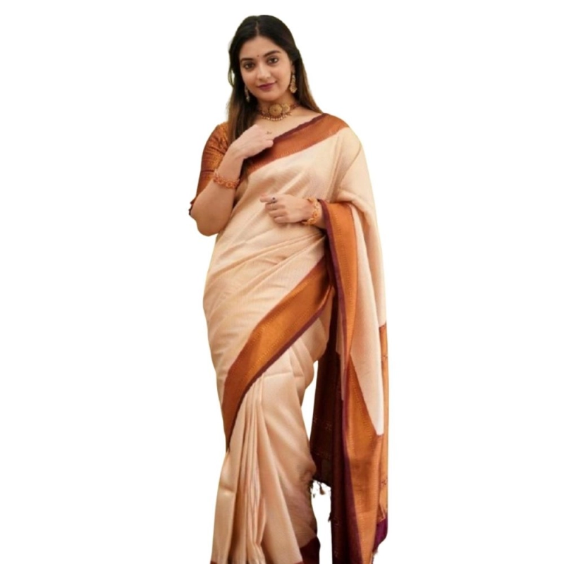 Women's Silk Printed Saree With Unstitched Blouse 5.5Mtr (Cream) Women's Silk Printed Saree With Unstitched Blouse 5.5Mtr (Cream)