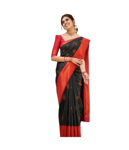 Generic Women's Silk Printed Saree With Unstitched Blouse 5.5Mtr (Black)