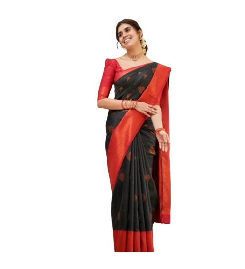 Generic Women's Silk Printed Saree With Unstitched Blouse 5.5Mtr (Black)