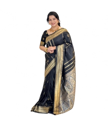 Generic Women's Silk Printed Saree With Unstitched Blouse 5.5Mtr (Black)