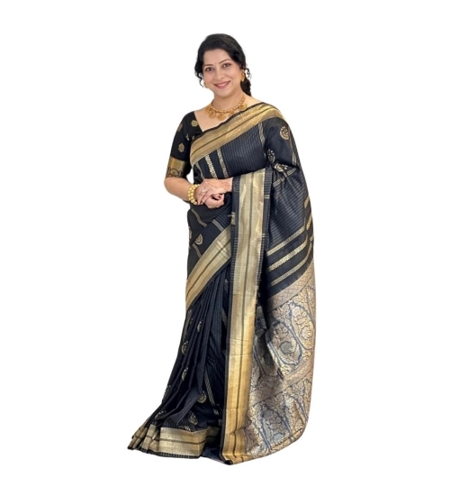 Generic Women's Silk Printed Saree With Unstitched Blouse 5.5Mtr (Black)