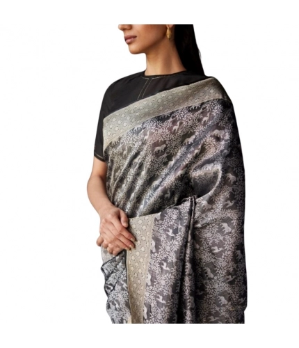 Generic Women's Silk Printed Saree With Unstitched Blouse 5.5Mtr (Grey)