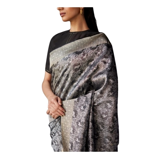 Generic Women's Silk Printed Saree With Unstitched Blouse 5.5Mtr (Grey)
