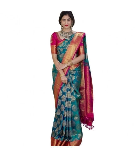 Generic Women's Silk Printed Saree With Unstitched Blouse 5.5Mtr (Teal Blue)