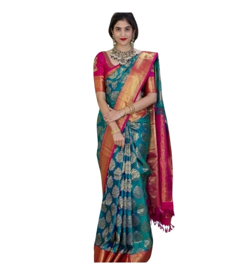 Generic Women's Silk Printed Saree With Unstitched Blouse 5.5Mtr (Teal Blue)