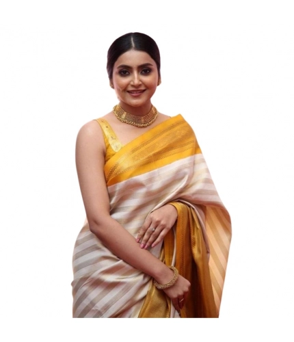 Generic Women's Silk Printed Saree With Unstitched Blouse 5.5Mtr (Off White-Yellow)