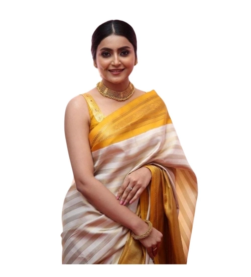 Generic Women's Silk Printed Saree With Unstitched Blouse 5.5Mtr (Off White-Yellow)