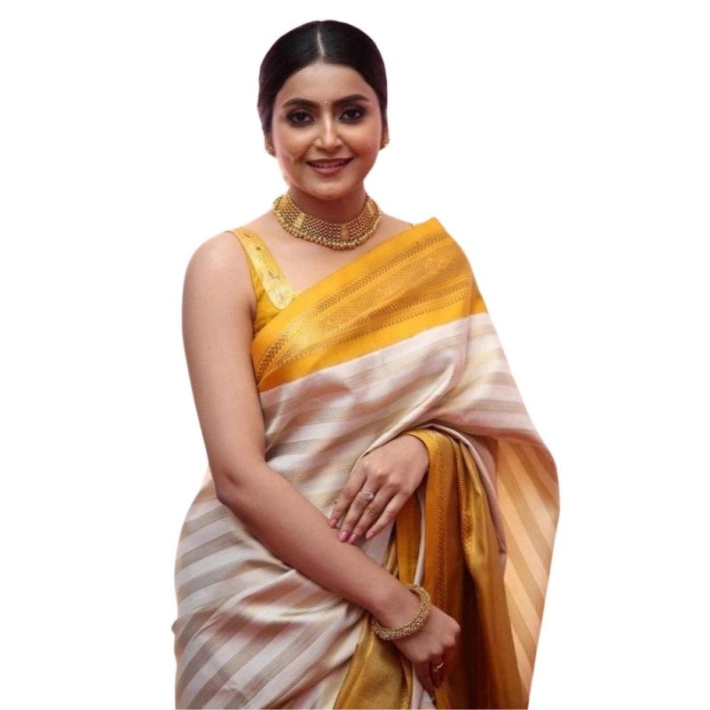 Women's Silk Printed Saree With Unstitched Blouse 5.5Mtr (Off White-Yellow) Women's Silk Printed Saree With Unstitched Blouse 5.5Mtr (Off White-Yellow)