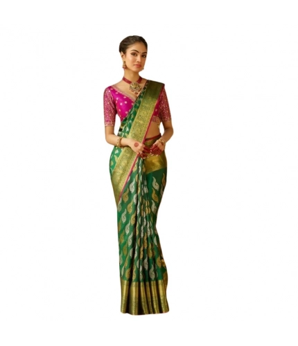 Generic Women's Silk Printed Saree With Unstitched Blouse 5.5Mtr (Green)