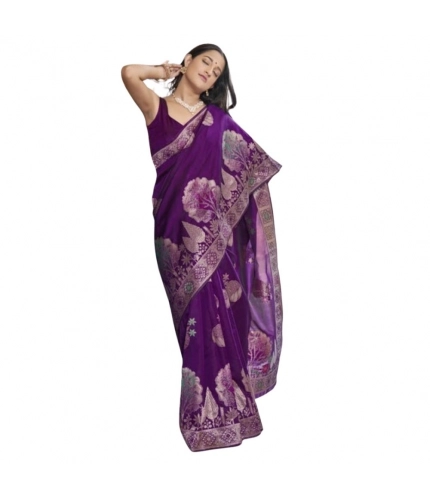 Generic Women's Silk Printed Saree With Unstitched Blouse 5.5Mtr (Purple)