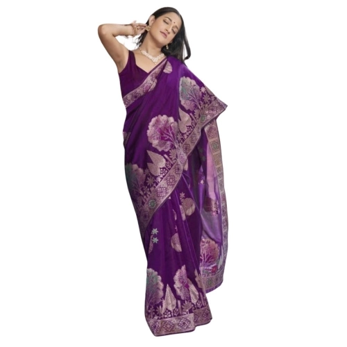 Women's Silk Printed Saree With Unstitched Blouse 5.5Mtr (Purple)