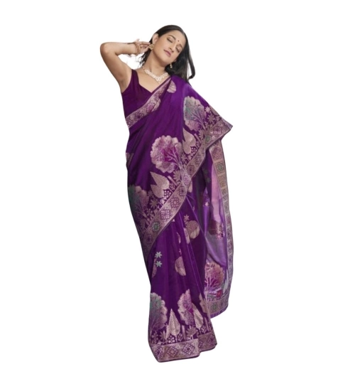 Generic Women's Silk Printed Saree With Unstitched Blouse 5.5Mtr (Purple)