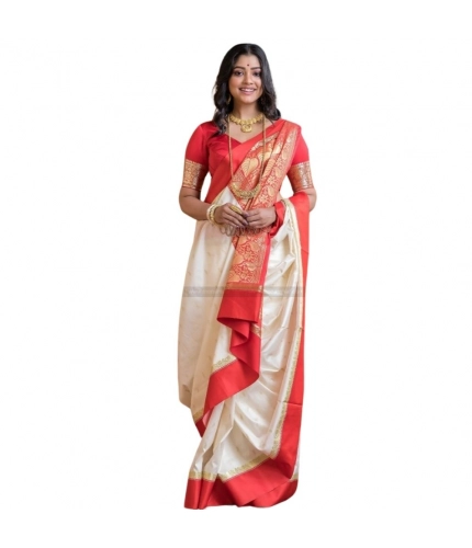Generic Women's Silk Printed Saree With Unstitched Blouse 5.5Mtr (White-Red)