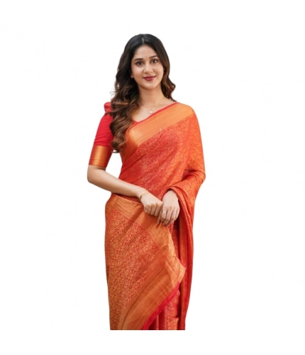 Generic Women's Silk Printed Saree With Unstitched Blouse 5.5Mtr (Orange)