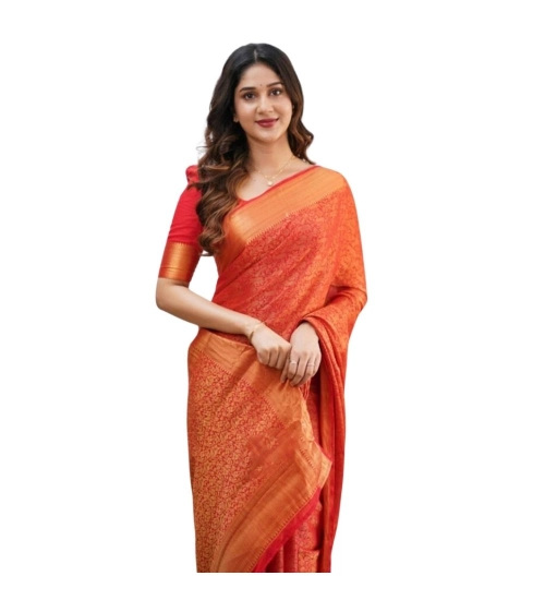 Generic Women's Silk Printed Saree With Unstitched Blouse 5.5Mtr (Orange)