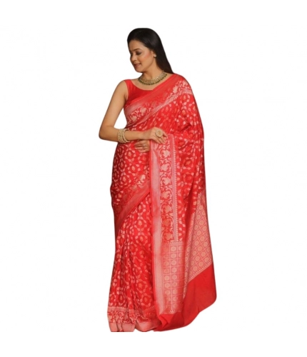 Generic Women's Silk Printed Saree With Unstitched Blouse 5.5Mtr (Orange)